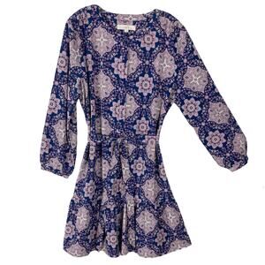 NWOT LOFT Dress L Purple Tile Mosaic Print Button Up Belted Long-Balloon-Sleeve